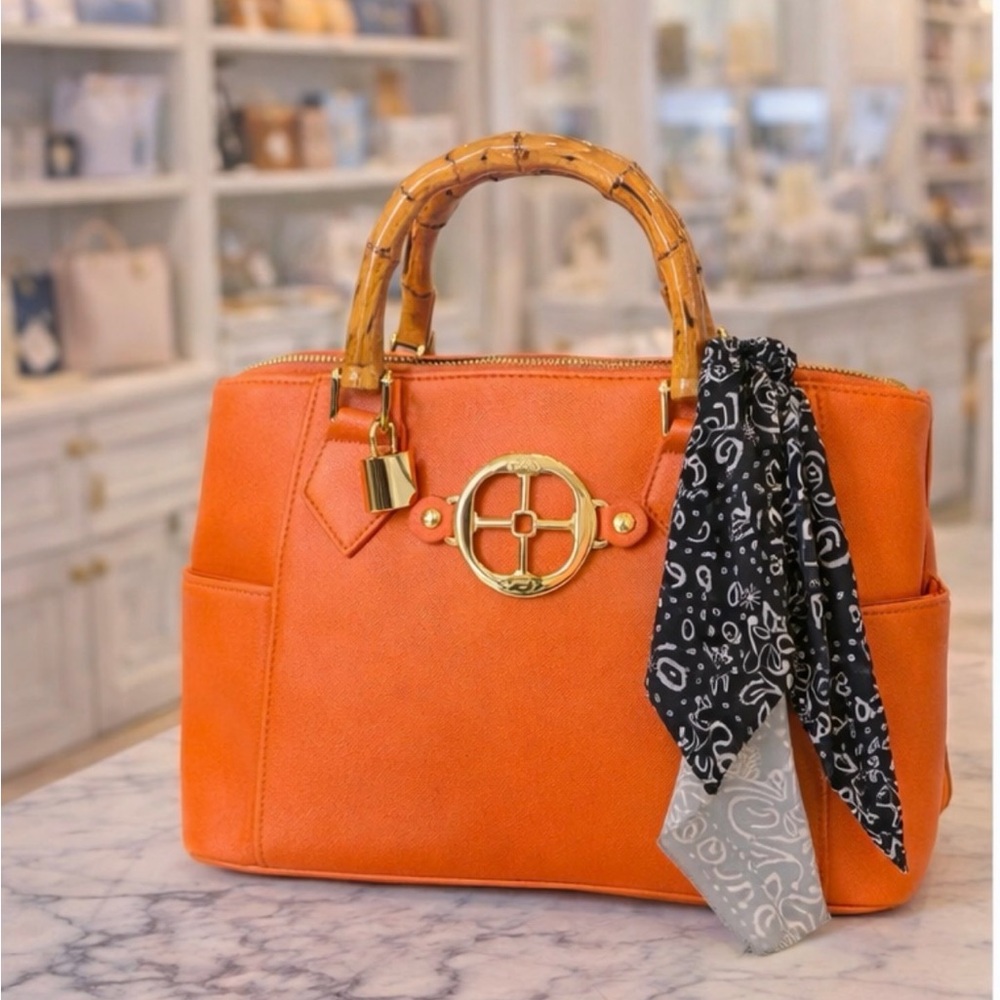 Custom vibrant, orange Handbag with Bamboo Handles